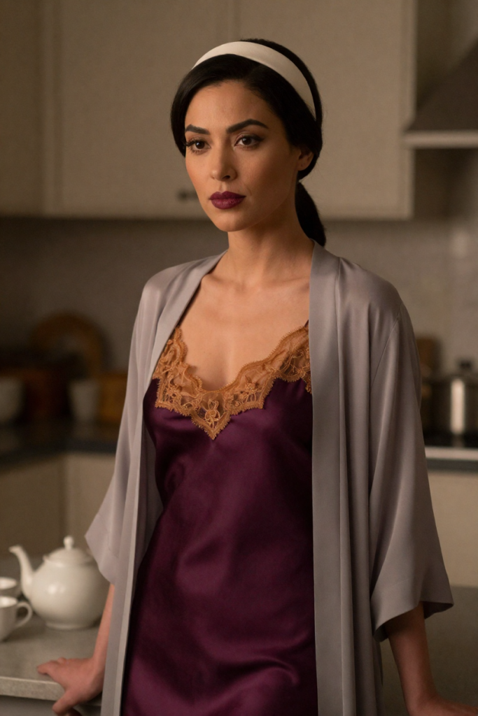 ZhonghuaLife muse in a plum silk slip dress with amber lace beside a kitchen table